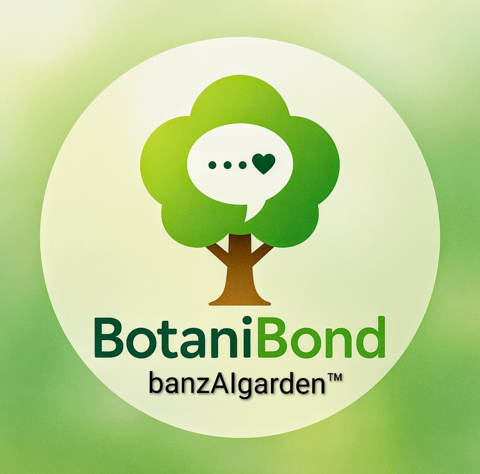 banzAIgarden BotaniBond™のロゴ。木の形に吹き出しとハートを組み合わせたデザインで、“庭木とAIが会話する”新しい体験を表現。湘南・藤沢・鎌倉エリアの植木屋が開発。
